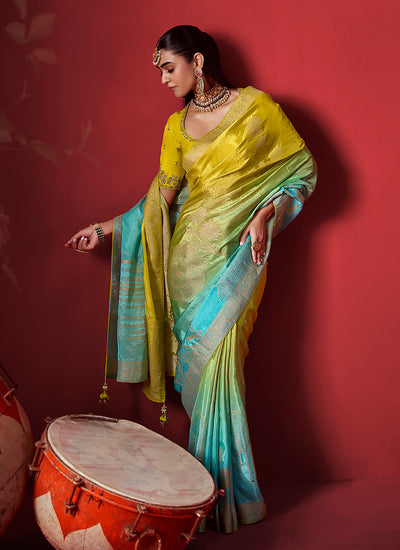 Shop Yellow Teal Zari Silk Sari Singapore