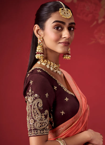 Shop Burgundy Coral Crepe Silk Sari Online In UAE