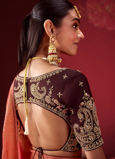 Buy Burgundy Coral Zari Silk Sari In Canada