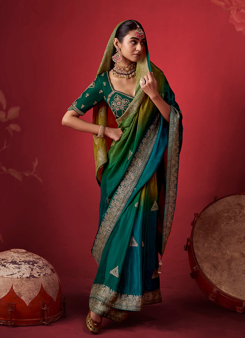 Shop Green Olive Zari Silk Sari In Australia