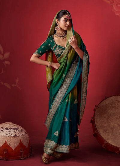 Shop Green Olive Zari Silk Sari In Australia