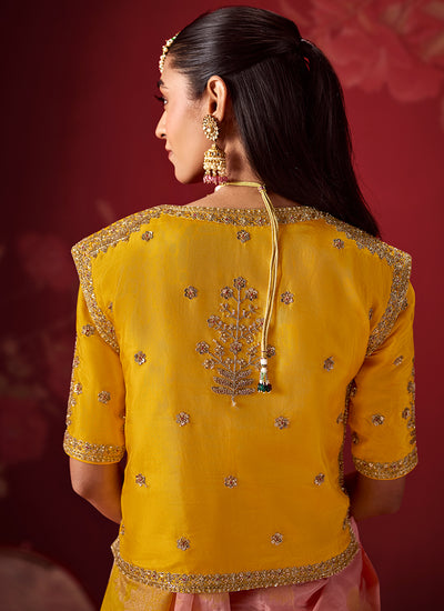 Buy Yellow Pink Zari Silk Sari In USA