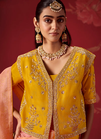 Shop Yellow Pink Zari Woven Crepe Silk Sari At Best Price