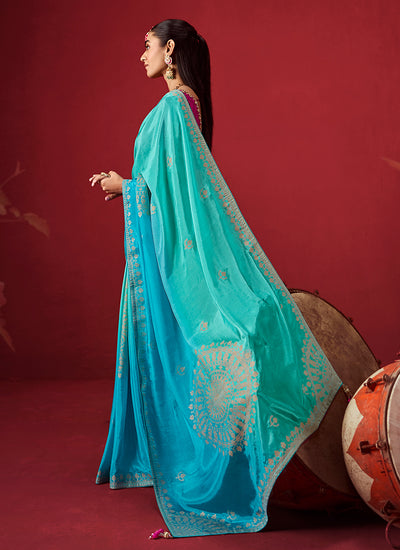 Buy Blue Magenta Crepe Silk Sari Online