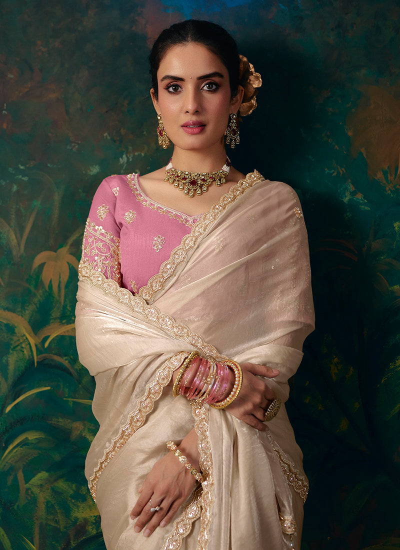 Buy Ivory Beige Party Wear Saree In USA