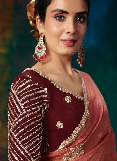 Shop Rust Red Party Wear Saree In Australia