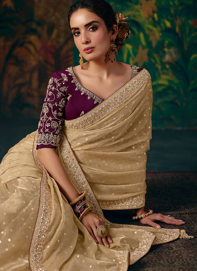 Buy Beige Party Wear Saree In New Zealand
