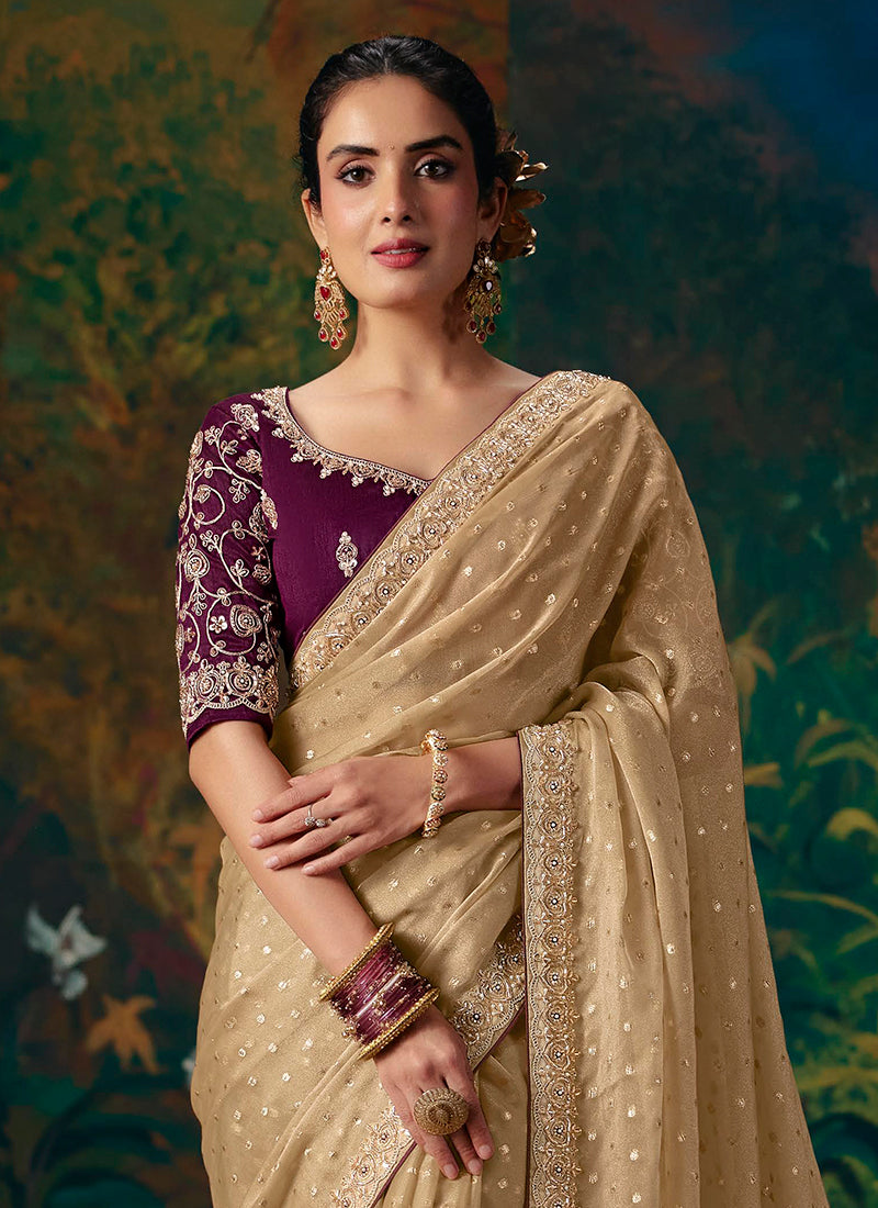 Shop Beige Party Wear Sari Online At Hatkay