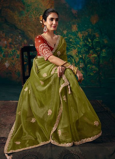 Buy Olive Green Party Wear Sari In Canada