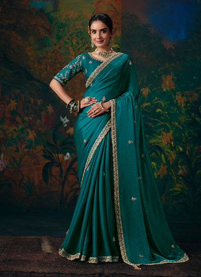 Turquoise Blue Embroidered Party Wear Saree