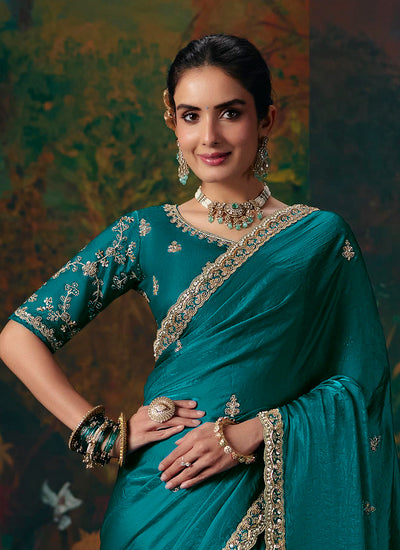 Shop Turquoise Party Wear Sari In UAE