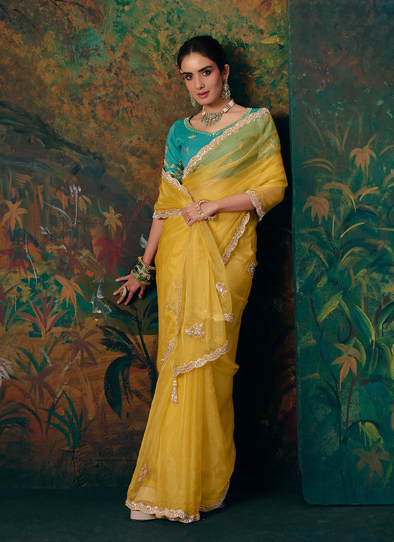 Shop Yellow Party Wear Sari In Canada