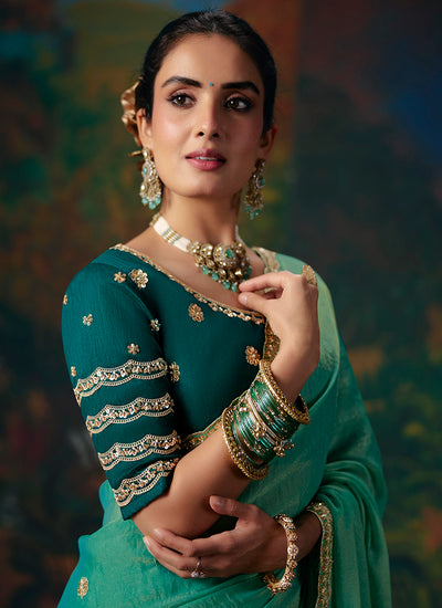 Buy Green Embroidered Party Wear Sari In USA