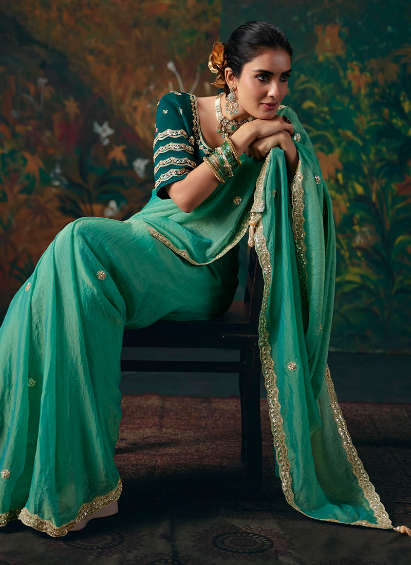 Shop Green Embroidered Party Wear Sari Online At Hatkay