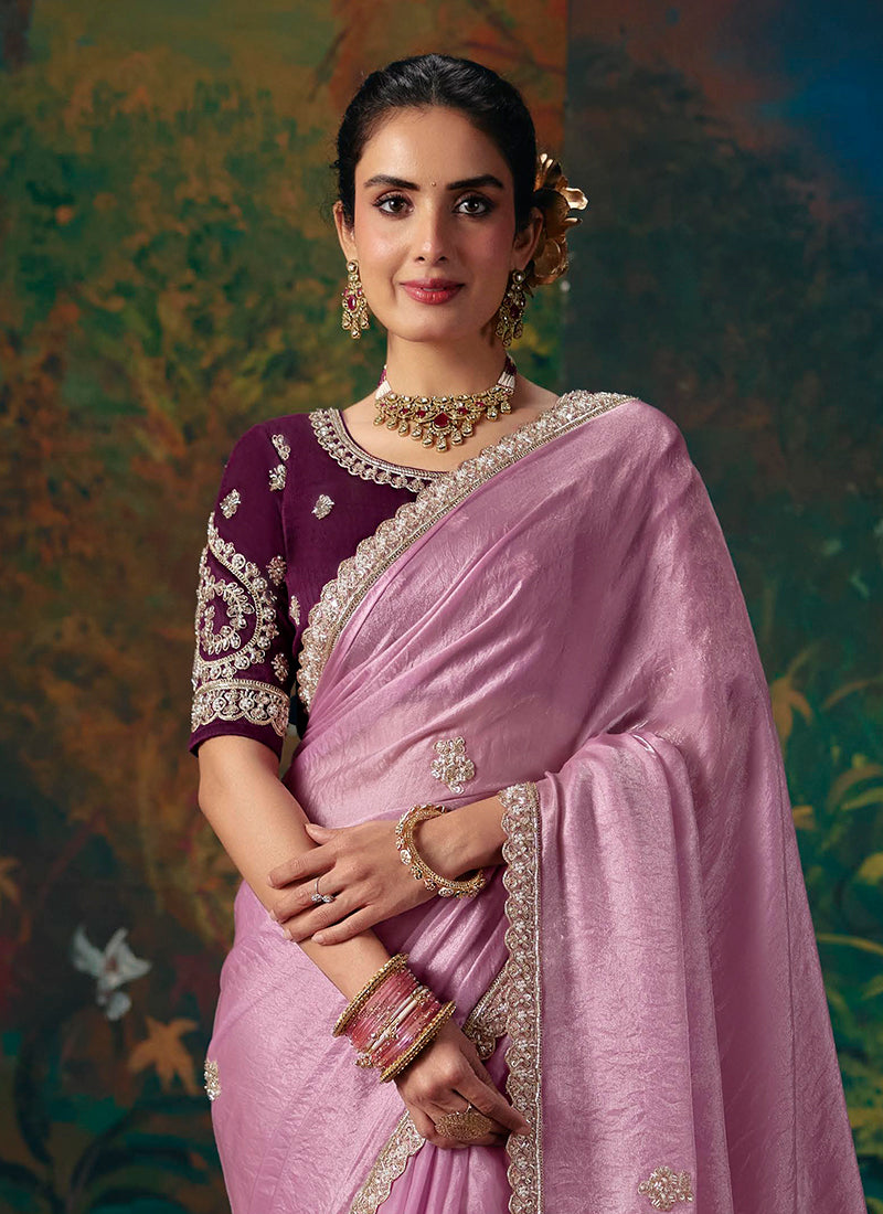 Shop Blush Pink Party Wear Saree In Canada