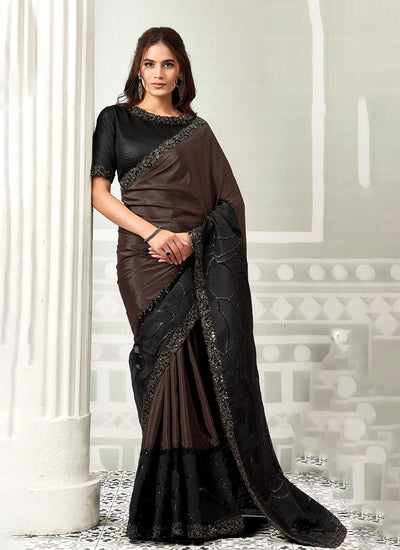 Shop Brown Crepe Satin Saree In UK