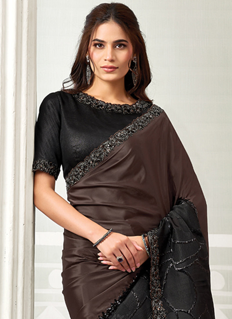 Buy Brown And Black Satin Saree Online
