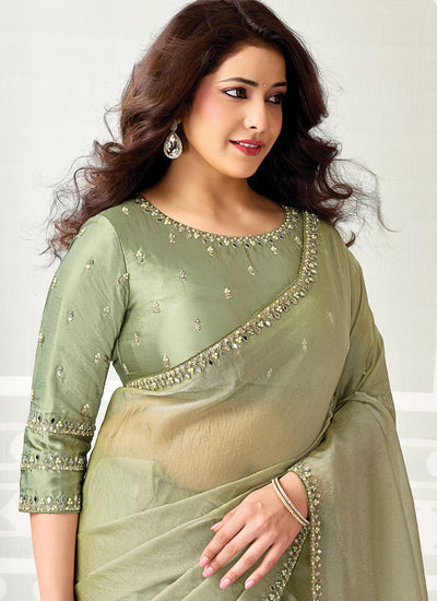 Shop Sage Green Organza Sari For Mehendi