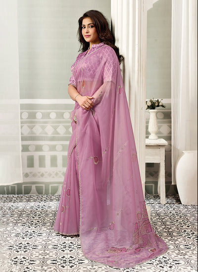 Buy Lilac Purple Organza Sari In USA
