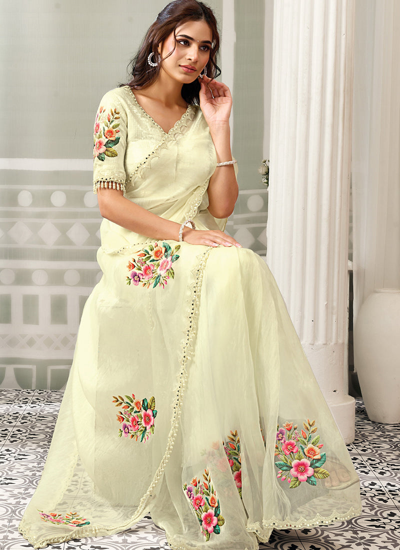 Buy Yellow Floral Printed Organza Sari In Australia