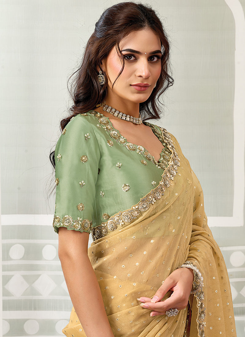 Buy Mustard & Green Silk Sari In USA