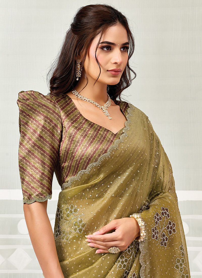 Buy Olive Green Crush Tissue Sari In UAE