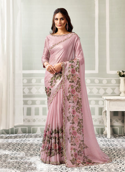 Blush Pink Floral Embroidered Satin Silk Saree