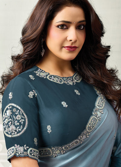 Shop Teal Blue Handwork Satin Silk Sari In USA