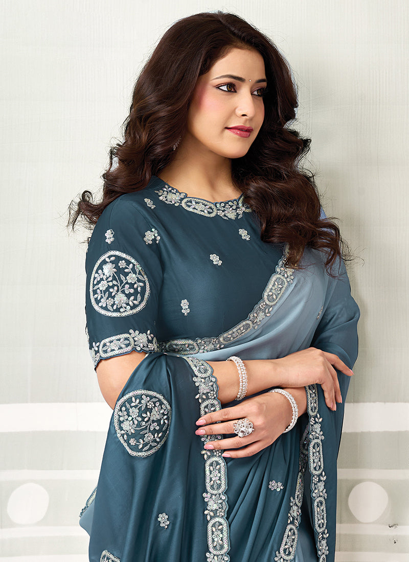 Buy Fancy Teal Blue Satin Silk Sari Online