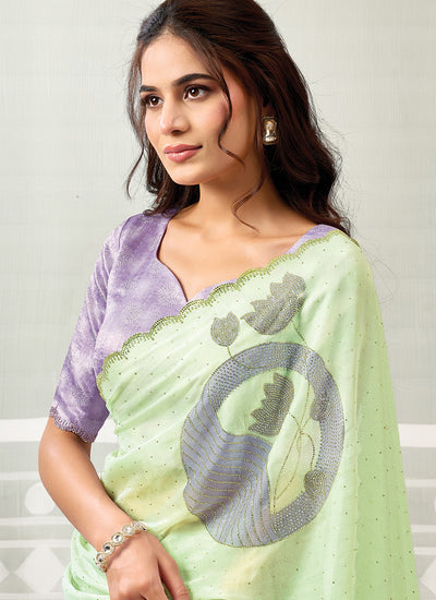 Shop Green Organza Satin Sari Online