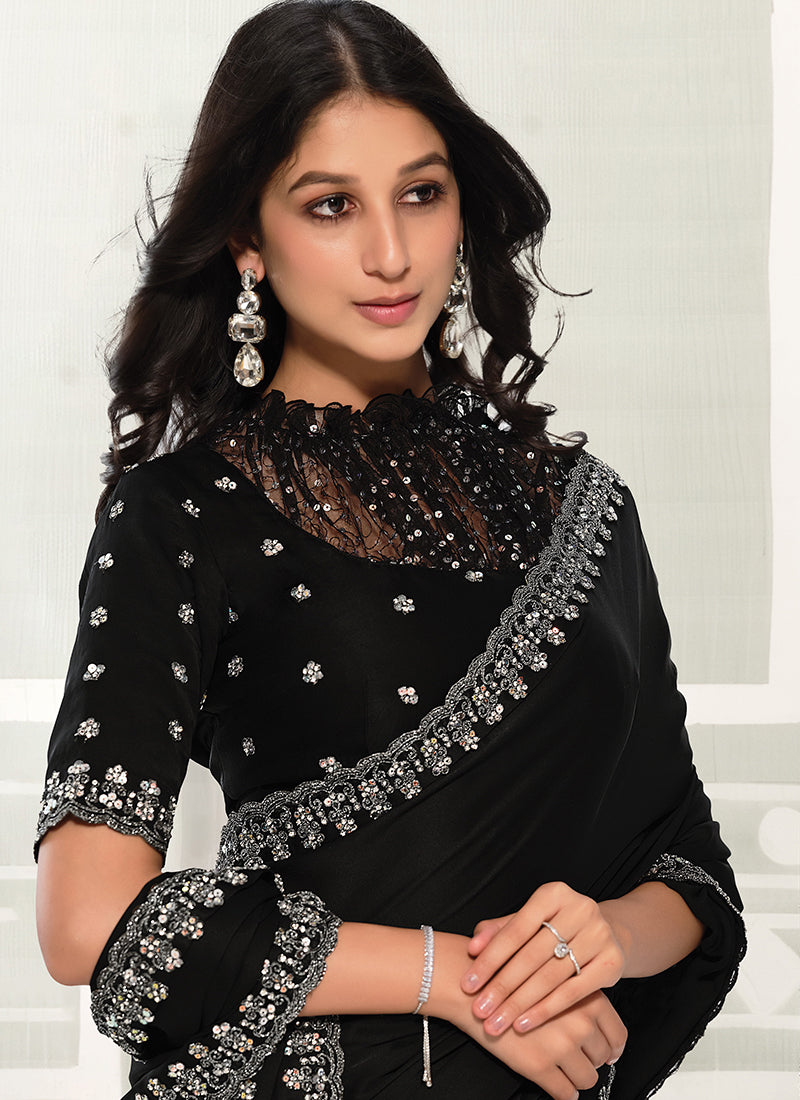 Buy Black Crepe Satin Silk Sari In UK