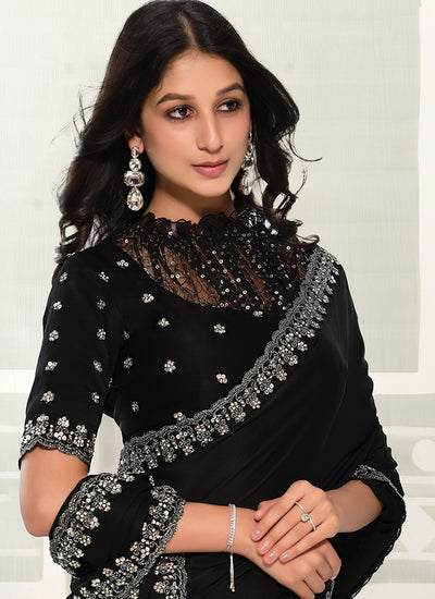 Buy Black Crepe Satin Silk Sari In UK