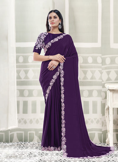 Purple Embroidered Crepe Silk Saree