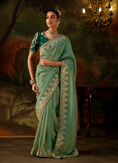 Mystic Green Traditional Embroidery Partywear Saree
