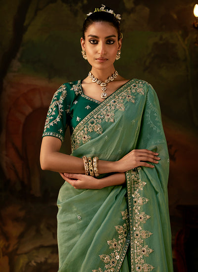 Buy Green Embroidery Partywear Sari In Canada