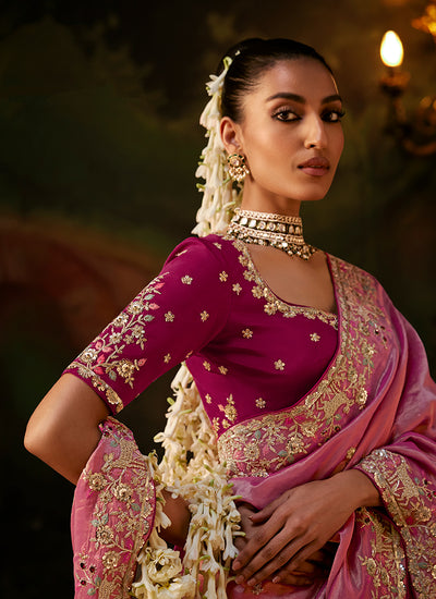 Shop Rich Pink And Wine Traditional Partywear Sari Canada