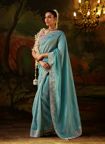 Blue And Pink Traditional Embroidery Partywear Saree