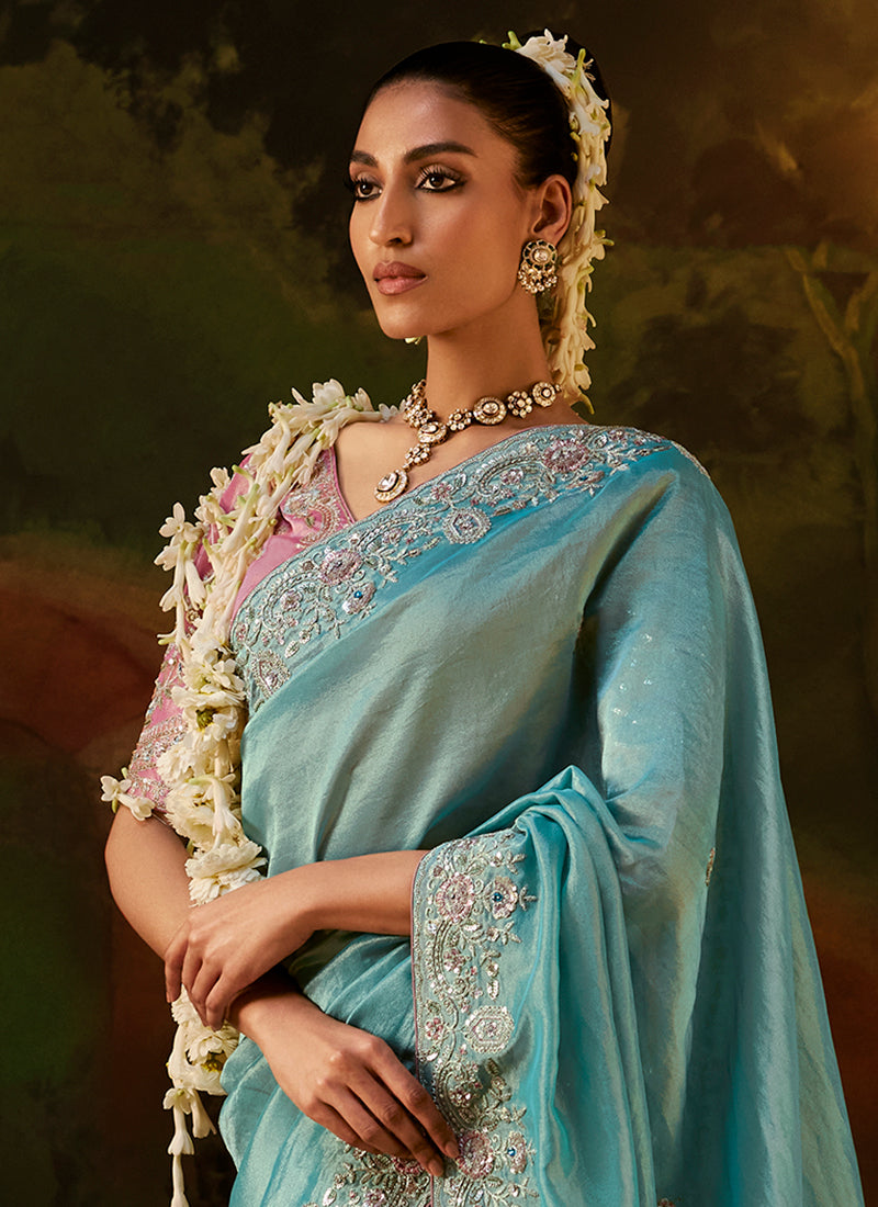 Shop Blue And Pink Traditional Partywear Saree In France