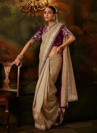 Beige And Wine Traditional Embroidery Partywear Saree