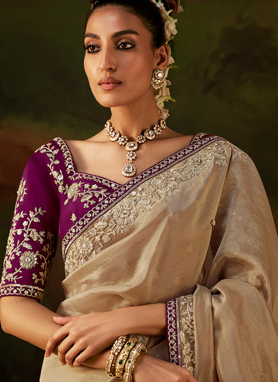 Buy Beige And Wine Traditional Partywear Sari In USA