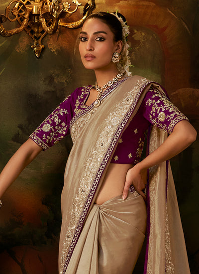 Shop Beige And Wine Traditional Saree In UK