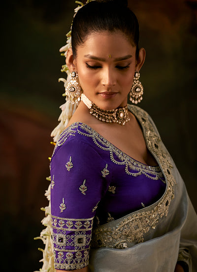 Buy Grey And Violet Traditional Partywear Sari In Canada