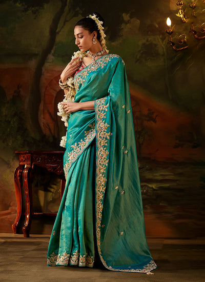 Teal And Red Traditional Embroidery Partywear Saree