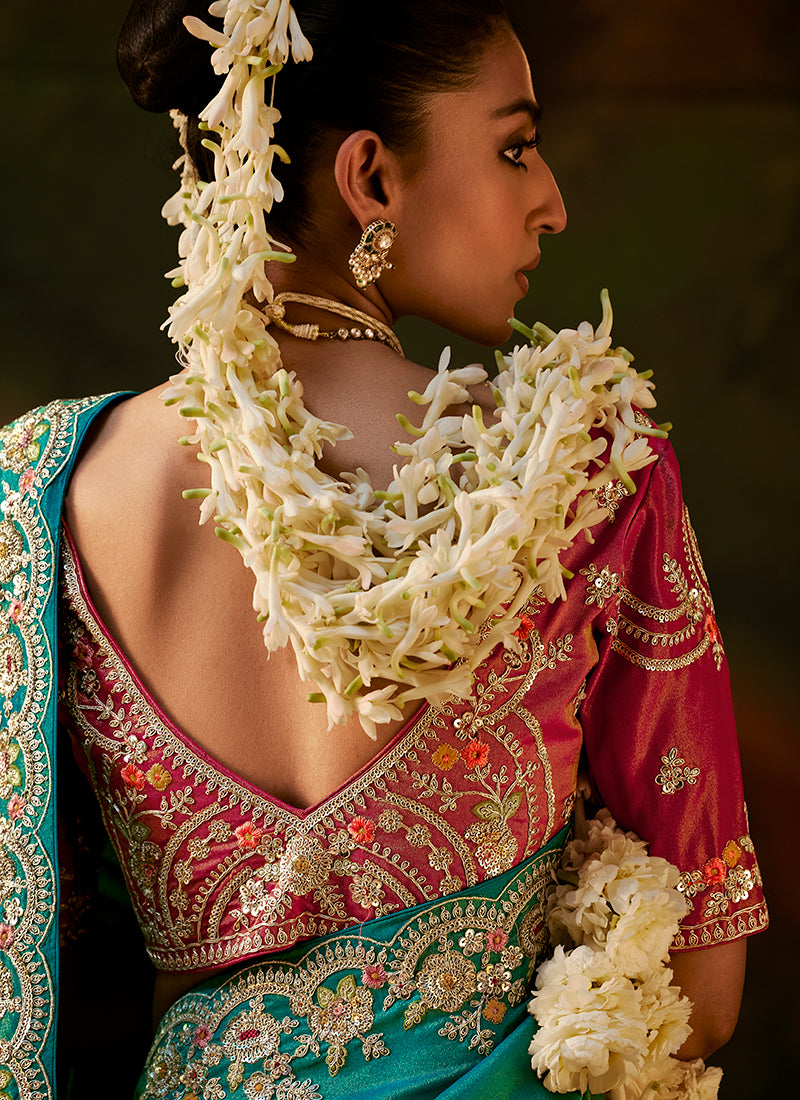 Shop Teal Traditional Embroidery Partywear Sari In UK