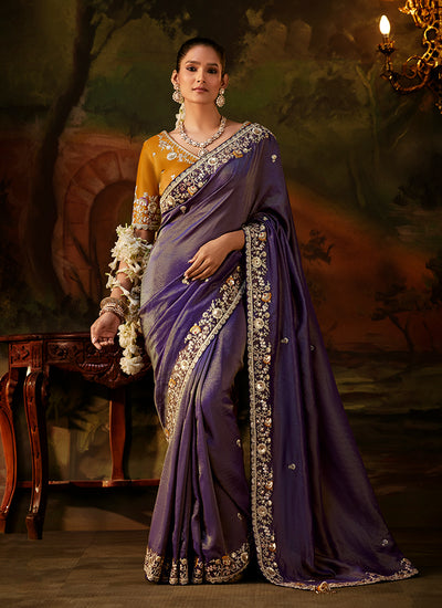 Purple And Yellow Traditional Embroidery Partywear Saree