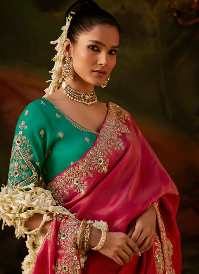 Buy Crimson And Teal Traditional Sari In Canada