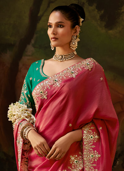 Shop Crimson Embroidery Partywear Sari In UK