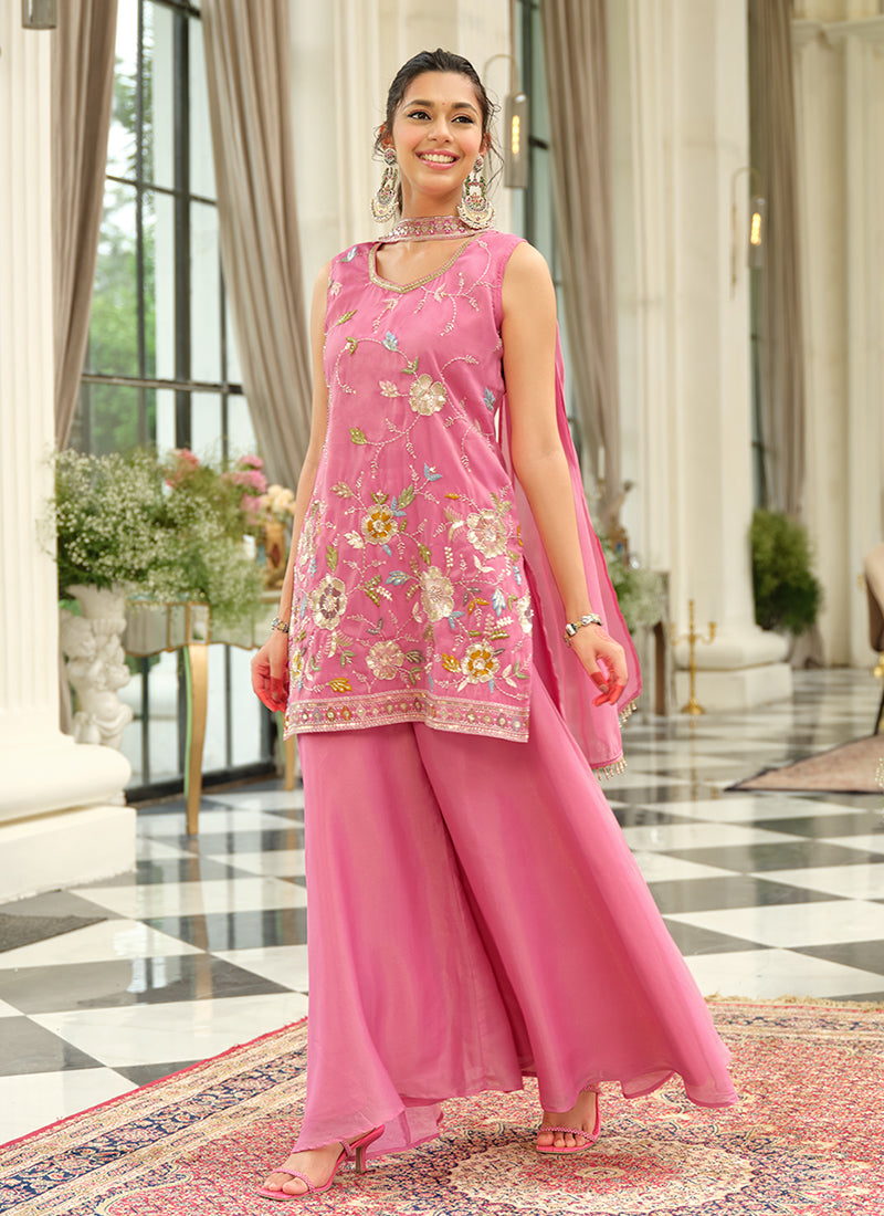 Bright Pink Multi Embroidery Traditional Palazzo Suit