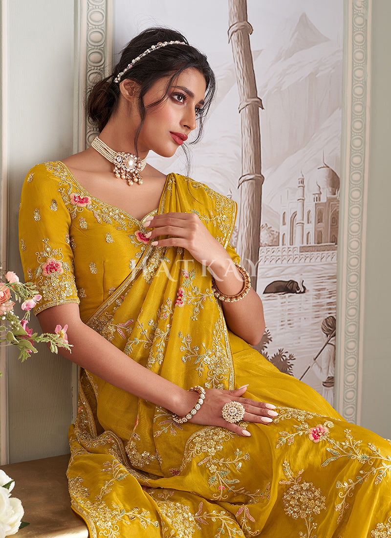 Buy Yellow Wedding Saree And Blouse For Mehendi Function In UK