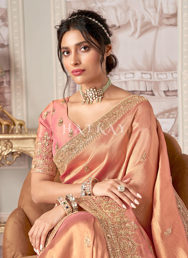 Buy Traditional Soft Peach Embroidery Wedding Saree And Blouse In Canada